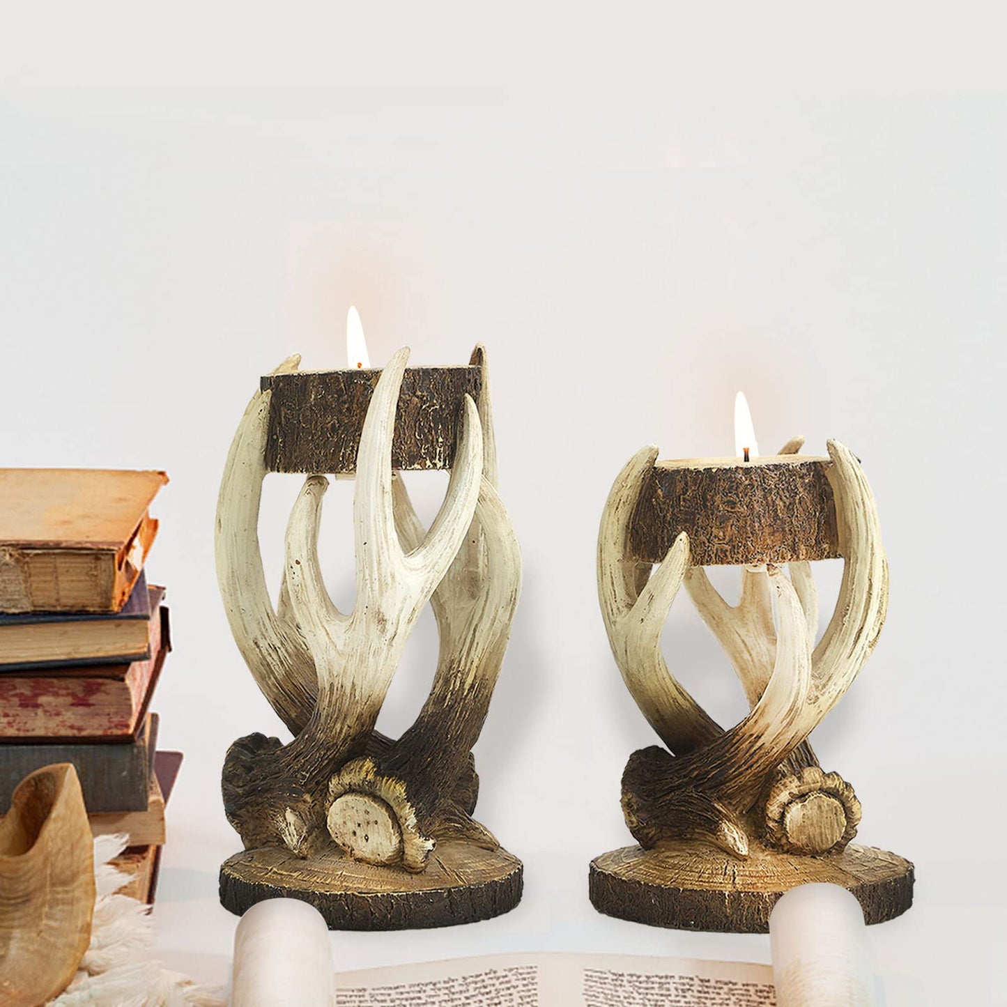 Duomiacasa 2Pcs Antler Deer Candle Holders, Rustic Elk Tealight Holder,Cabin Log Decoration