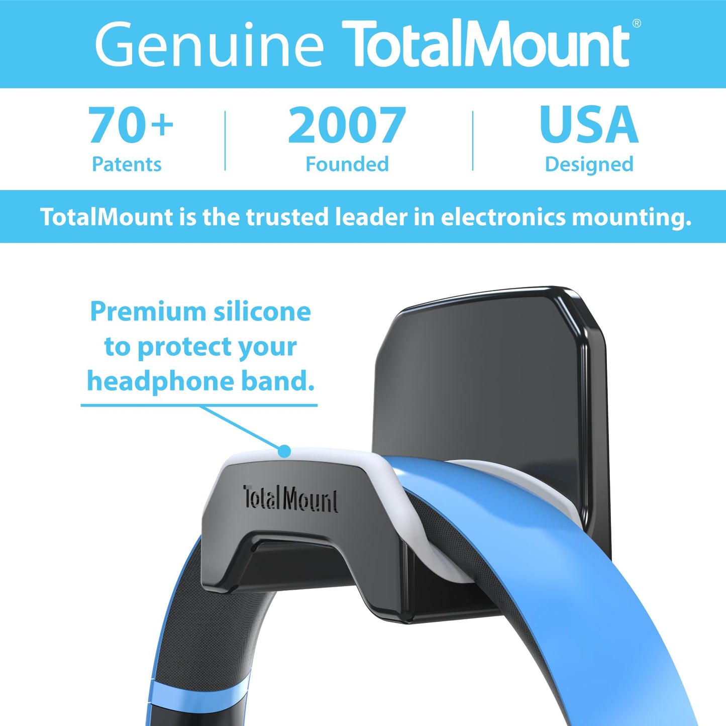 TotalMount Gaming Headset Hanger – Includes Removable Adhesive Strips for Easy, Damage-Free Wall, Desk, or PC Mounting (Black Headphone Hook with Premium Silicone Cradle – One Pack)