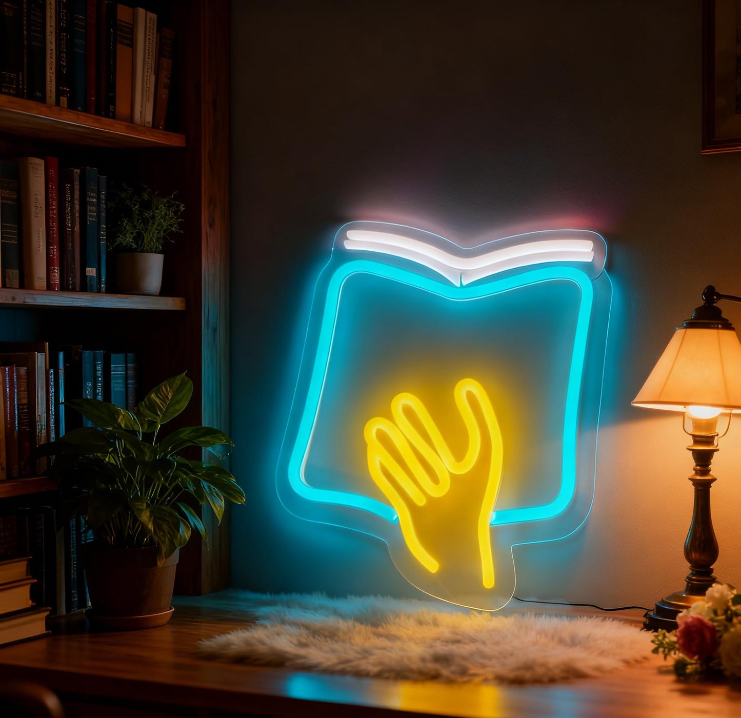Reading Theme LED Neon Sign, Book with Hand Shape Neon Light, Library Study Room Home Bedroom Wall Table Decor, USB Powered Dimmable Decorative Light 9.8 x 8.5 In