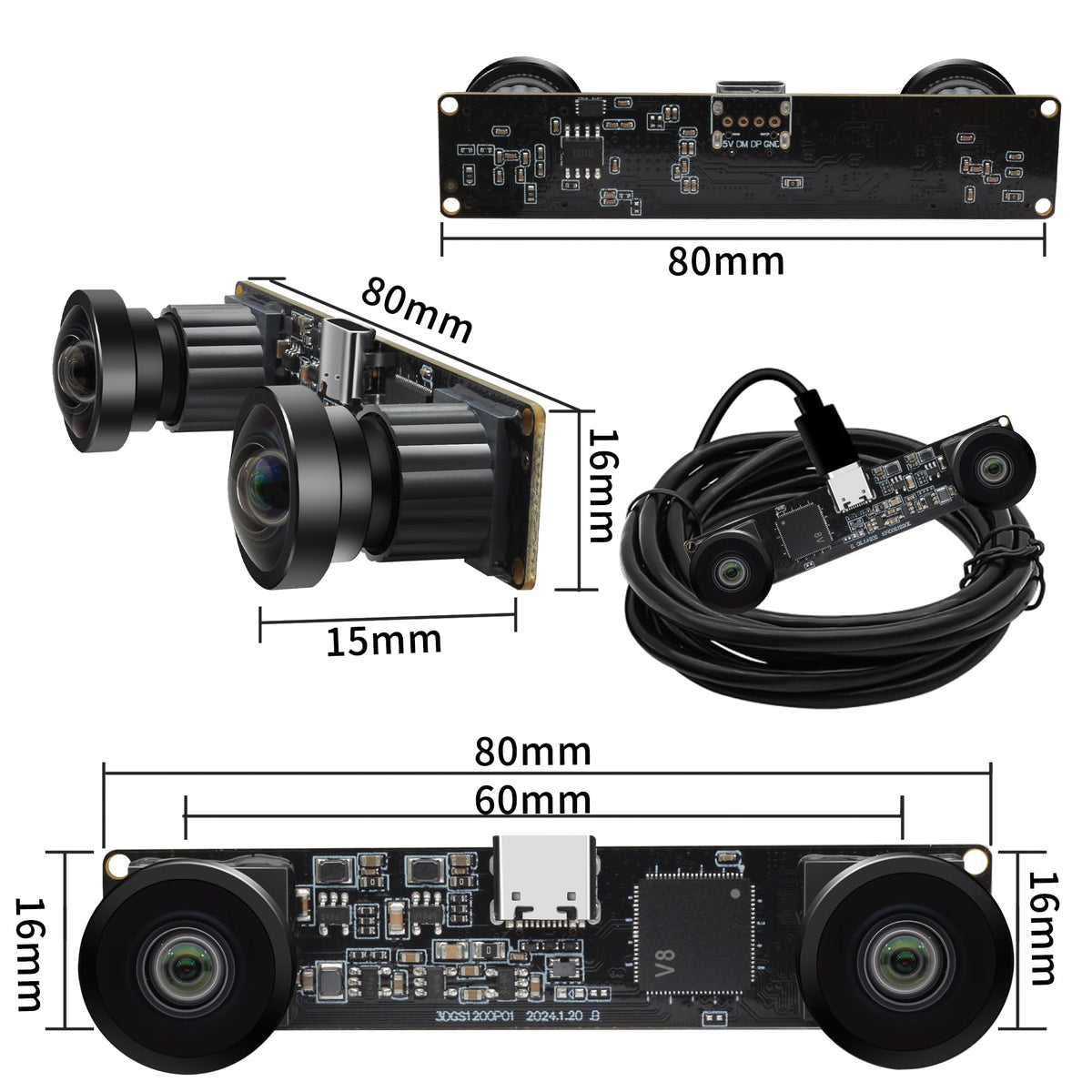MMlove USB Stereo Camera Module 1200P 60FPS Global Shutter USB Webcam with Synchronous Dual Lens,600P 120FPS High Speed 3D Webcam 112° Wide Angle Lightburn Camera for VR,PC/Laptop/Raspberry Pi