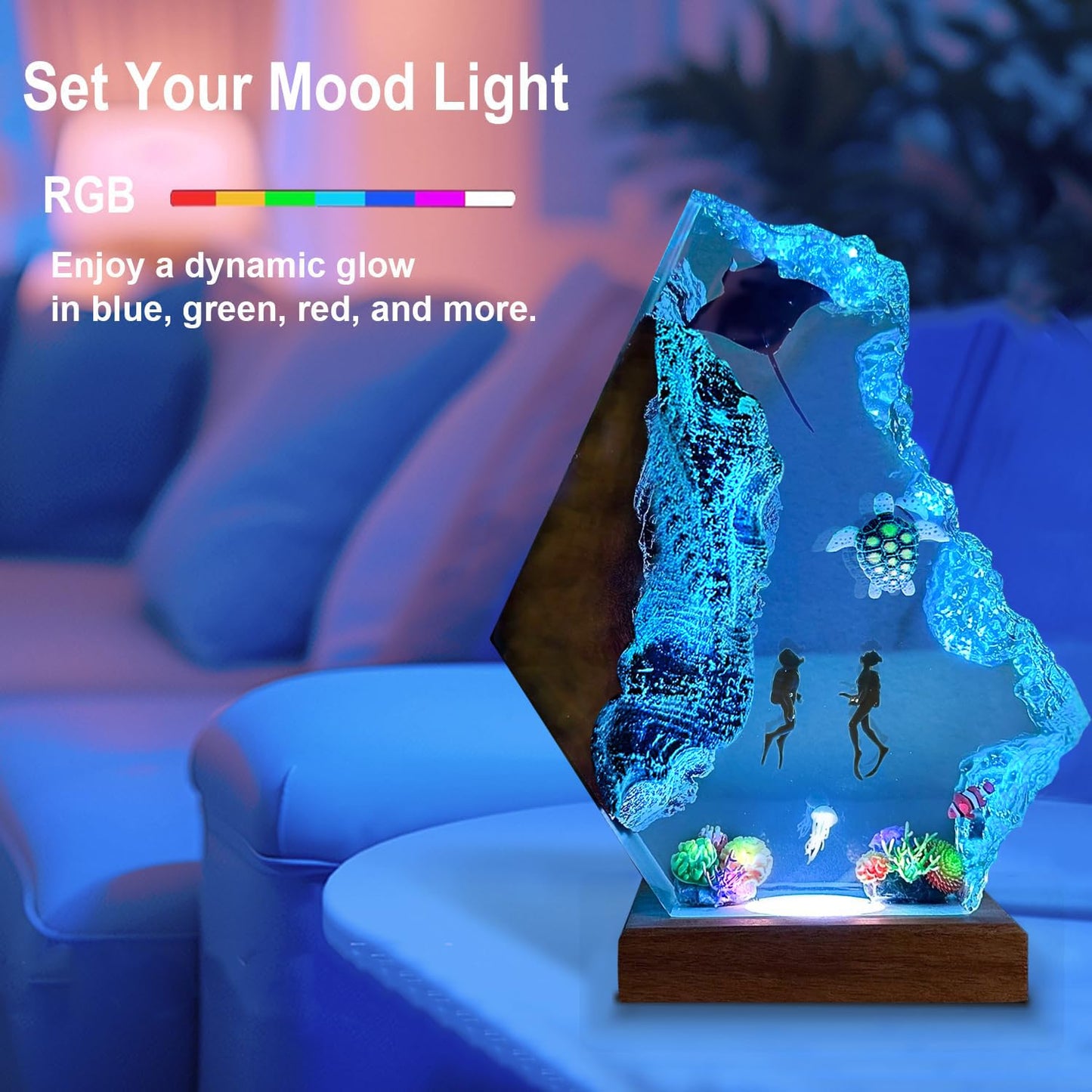Scuba Diving Resin Ocean Lamp,Handmade 3D Ocean Night Light With Woodden Base,Variable Lights, Scuba Diver Gifts, Diving Enthusiast Collectibles, Unique Birthday Holiday Gifts for Men & Women(S 6"x4")