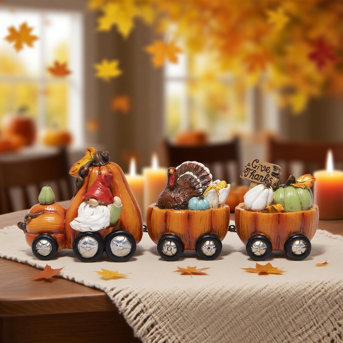 Hodao Thanksgiving Decor Indoor, Fall Resin Pumpkin Train Figurine with Gnome & Turkey, Cute Autumn Harvest Tabletop Decoration for Home, Perfect Fall Gift for Family Friends