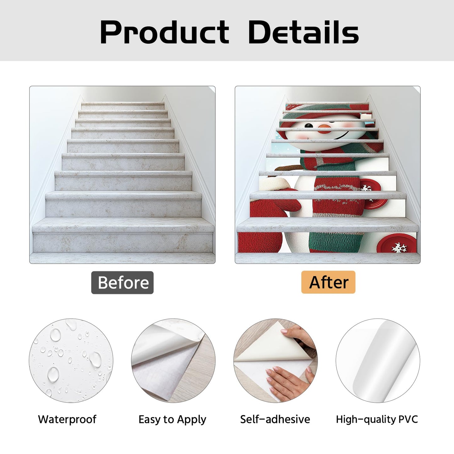 PLIGREAT 15 Strips Christmas Stair Decals, Cute Peel and Stick Stair Riser Stickers for Steps 7.1"x39"Self-Adhesive Vinyl Snowman Staircase Murals Decor for Home Hotel