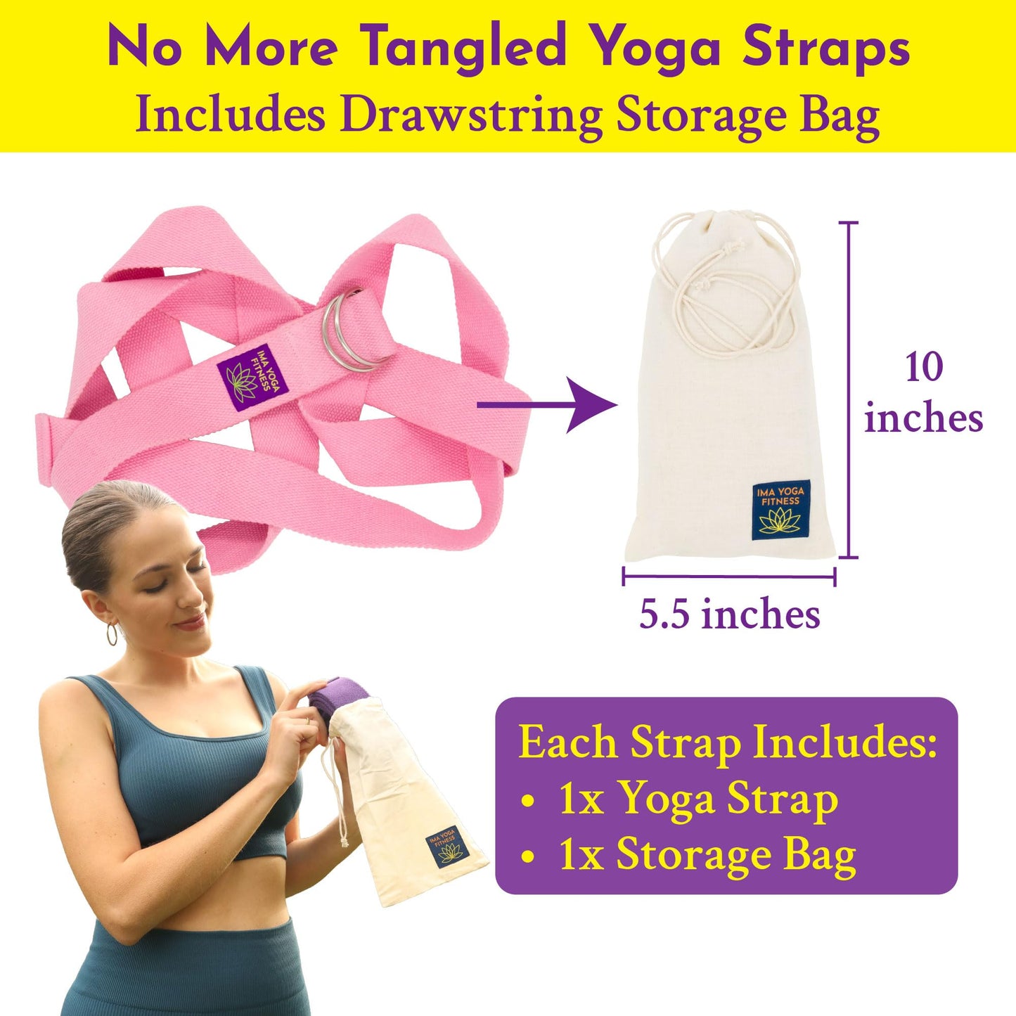 Ima Yoga Fitness - Adaptive Yoga Strap, Yoga Stretching Strap, Extra-Wide 2 Inches, 100% Naturally Soft Cotton, Steel D-Rings, Includes 100% Natural Cotton Storage Pouch (Pink, 8 feet)