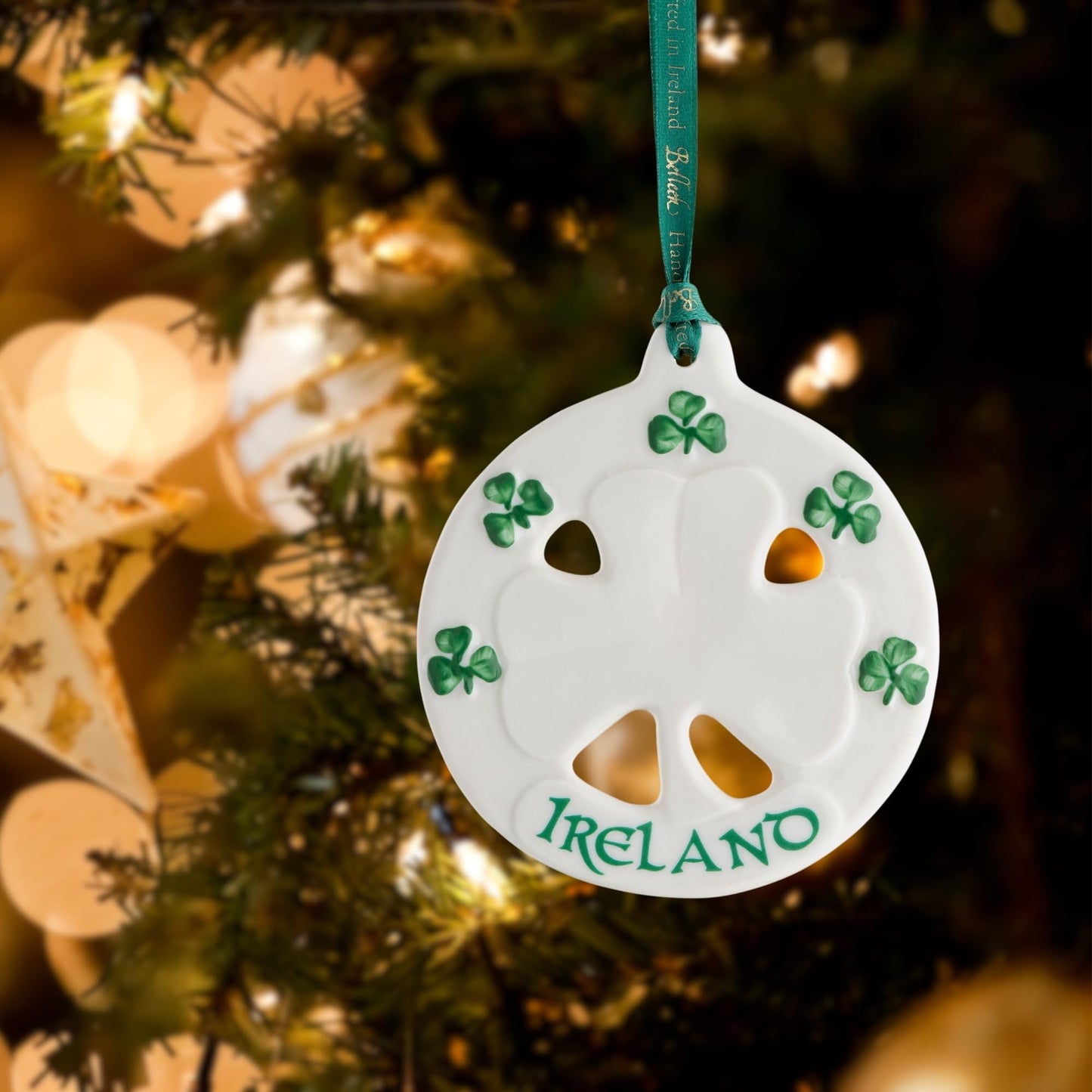 Belleek Classic Ireland Shamrock 3.8-Inch Hanging Ornament, Handcrafted Porcelain Christmas Tree Decor, White