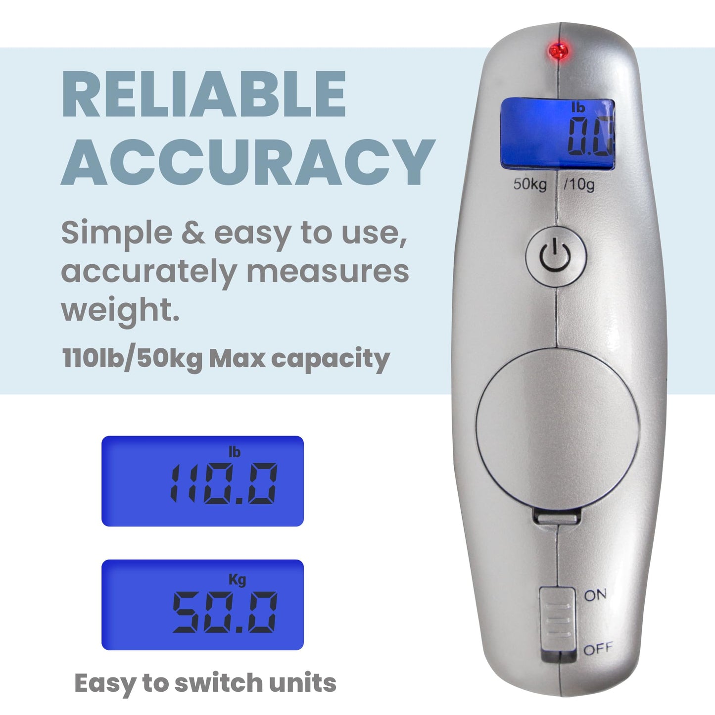 Smart Weigh Digital Portable Luggage Scale, 50kg /110lbs Capacity, with EZ Grip Handle, Travel Hanging Scale w/Strap, Bag Weight Gadget w/Tare Function for Suitcases, Batteries Included, Silver