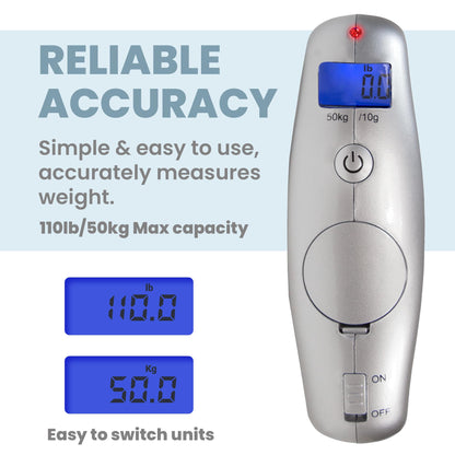 Smart Weigh Digital Portable Luggage Scale, 50kg /110lbs Capacity, with EZ Grip Handle, Travel Hanging Scale w/Strap, Bag Weight Gadget w/Tare Function for Suitcases, Batteries Included, Silver