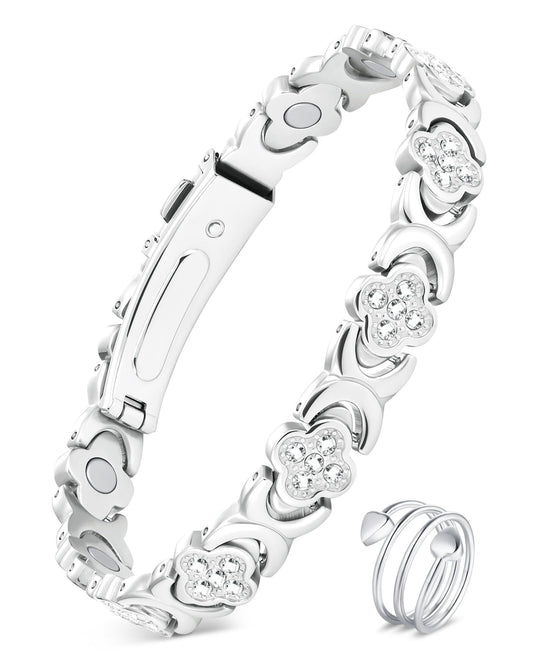 Feraco Pure Copper Bracelets & Rings for Women, Ultra Strength Magnetic Bracelet for Women with Neodymium Magnets & Sparkling Cubic Zirconia, Adjustable, Infinite Clover Jewelry (Silver)