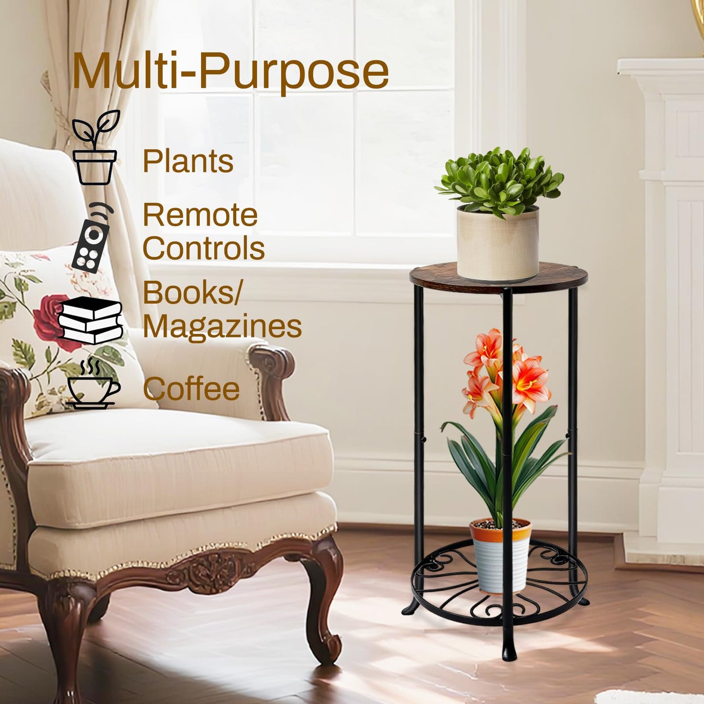 Uniqcovosa Plant Stand Indoor, 2 Tier Wood Round Potted Holder Rack, 27 " Tall Flower Pot Stand Shelf, Round Supports Plant Stand for Large Plants, Corner Plant Shelf for Balcony Garden Patio Living Room, Brown