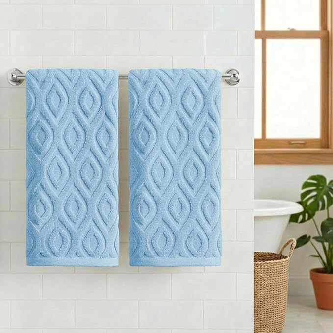 Artoid Mode 2 Pcs Light Blue 3D Diamond Grid Jacquard Hand Towels