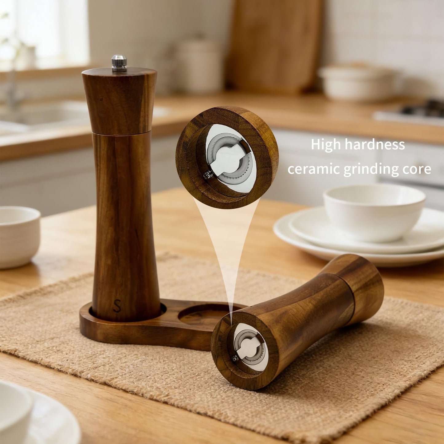 Amestar 2 Pack Acacia Wooden Salt and Pepper Grinder Set, 8.3 Inch Salt Grinder Refillable with Adjustable Coarseness, Manual Pepper Grinder with Ceramic/Stainless Steel Core, Home Essentials