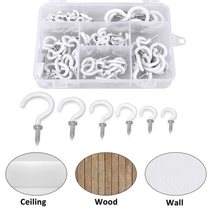 Romeda 90 Pcs White Ceiling Hooks kit, 6 Sizes Vinyl Coated Screw-in Plant, Kitchen, Cup, Ceiling Hooks for Hanging (1/2in, 5/8in,3/4in,7/8in,1'',1-1/4in)
