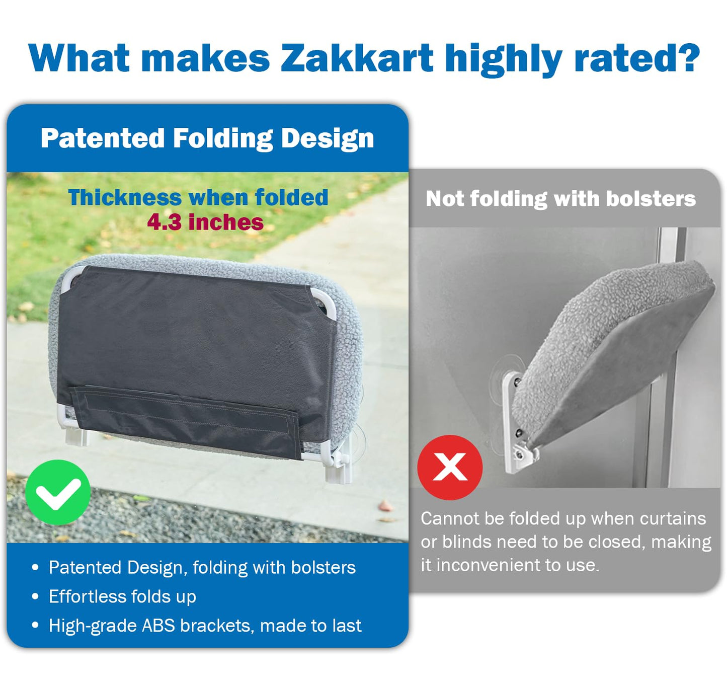 Zakkart Foldable Cat Hammock for Window - Cordless, Machine Washable Bed, Robust Metal Frame & ABS Brackets- Cat Window Perch for Large Cats and Kittens (Gray Bolster Bed, Medium)