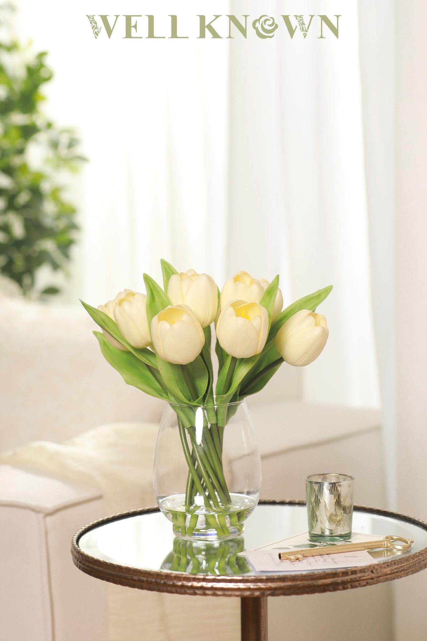 WELL KNOWN 12 Pcs Tulips Artificial Flowers in Vase, Real Touch Tulips with Vase with Upgrate Acrylic Water Flower Arrangements Centerpiece for Dining Room Table Decoration（Cream）