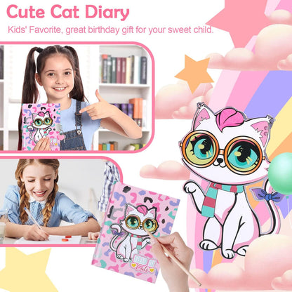 YOYTOO Cat Diary for Girls with Lock, Cat Stationery Set with Secret Diary, Stamps, Pens, Journal Notebook Birthday Christmas Gifts for Little Girls Age 5 6 7 8 9 10