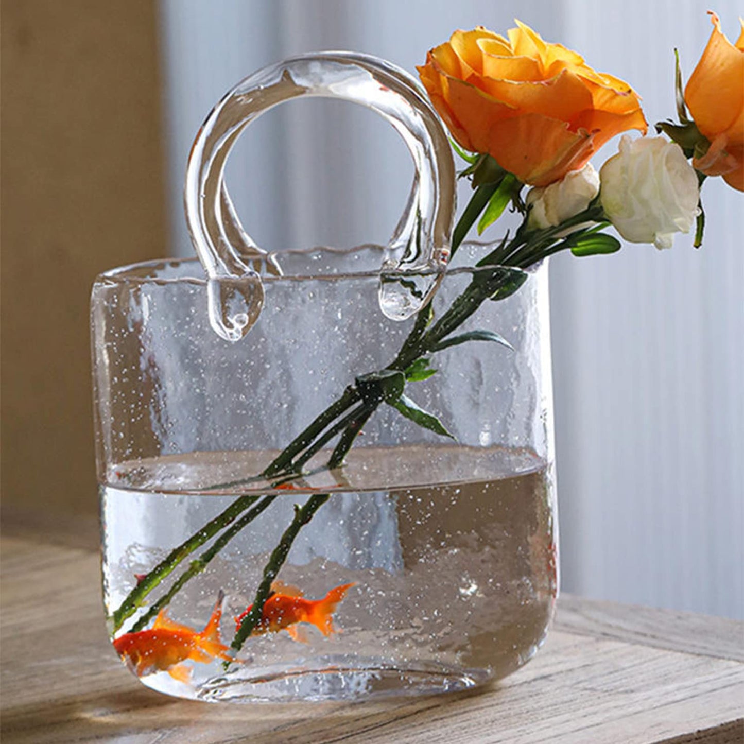 Glass Bag Vase, Hand Purse Vase with Fish Bowl, Transparent Hand Basket Unique Vase Creative Bag Fish Tank, Clear Glass Vase for Living Room Kitchen Garden Wedding Decor (Pink)