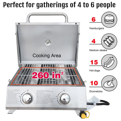 BBQCuker Small Tabletop Gas Grill 2-Burner, Portable Propane Gas Grill with Foldable Legs for Outdoor Camping Cooking Two 10,000 BTU Burners Stainless Steel,Built-in Thermometer