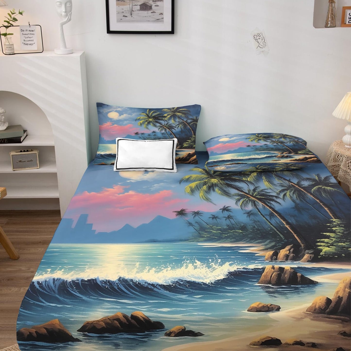 THYUNQ Hawaiian Split King Sheets Sets for Adjustable Bed, Tropical Palm Tree Beach Pattern Sheet Set - 16 Inch Deep Pocket, Super Soft Microfiber Printed Bedding Sheets & Pillowcases 5 Piece
