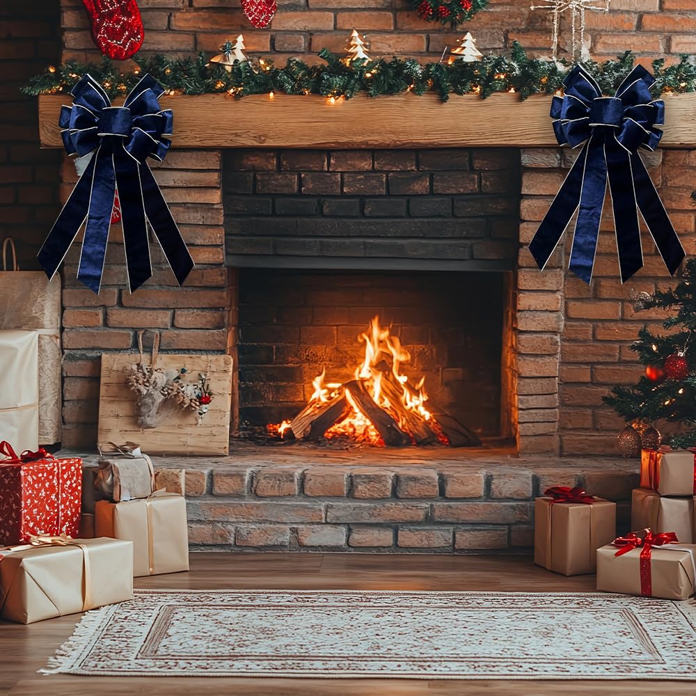 CHMOART Christmas Wreath Bow 20 x 11 Inches Large Christmas Bows Silver Trimmed Blue Velvet Bow Winter Farmhouse Bow Xmas Tree Topper Ornament Bow for Home Front Door Decorations
