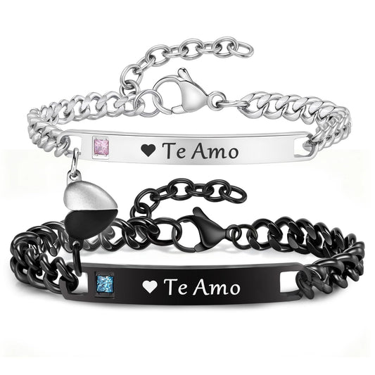 Matching Couple Bracelets for Men Women : Te Amo Engraved His Hers Stainless Steel Cuban Link Chain Bracelets Set for Boyfriend Girlfriend Husband Wife, Romantic Gifts for Valentines Birthday