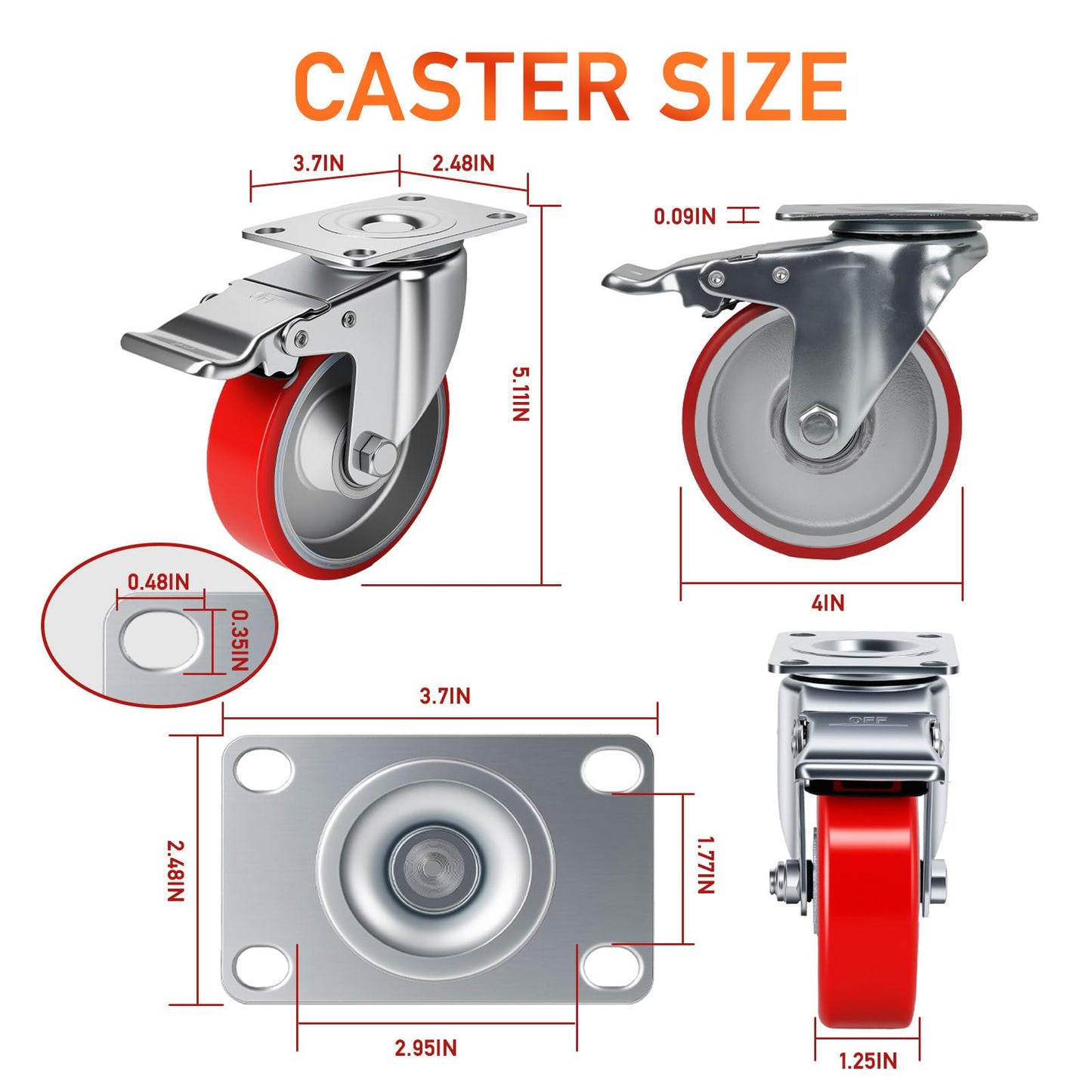 4 Inch Caster,Heavy Duty Caster Wheels Set of 4,Load 2000 Lbs,Polyurethane Steel Wheels,Swivel Wheels with Brake for Trolleys,Warehouse Cargo Handling,Workbench(4Brake)