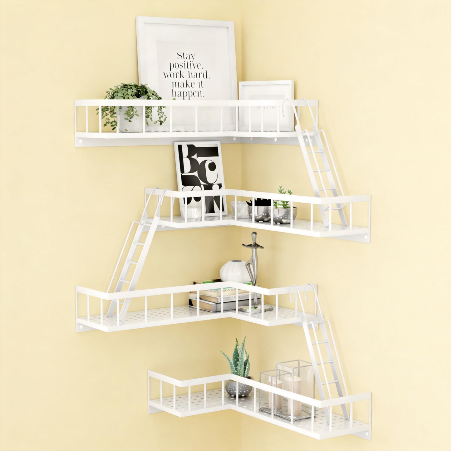 BRLBZXJY Fire Escape Wall Shelf, Modern City Style Corner Wall Shelves, Trinket Figurine Display Knick Knack Shelf Easy to Install, for Bathroom, Living Room & Home Decor, White 4-Tier