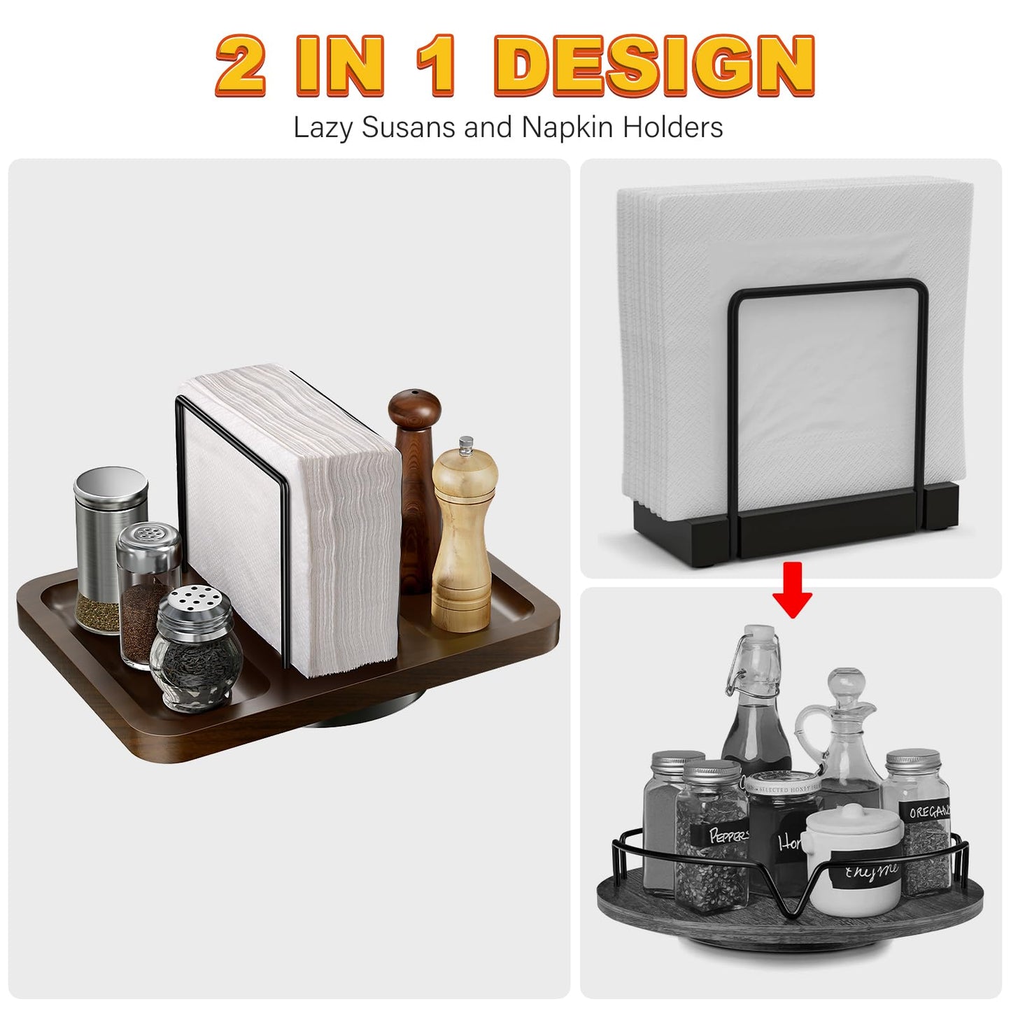 Napkin Holder for Table, Rotating Napkin Dispenser with Salt and Pepper Shakers Caddy, Standing Paper Towel Holder for Bathroom Kitchen Dining Table Decor