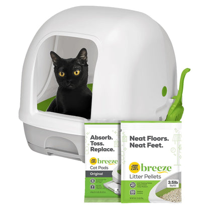Purina Tidy Cats Hooded Litter Box System, BREEZE Hooded System Starter Kit Litter Box, Pellets & Pads
