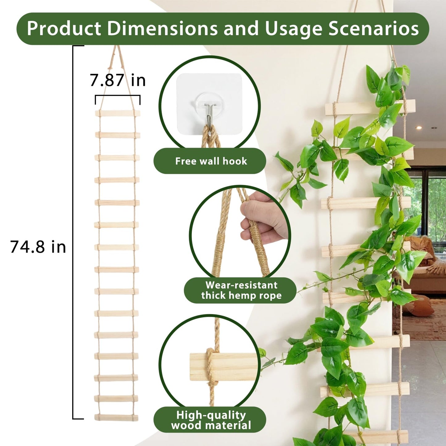 Wooden Ladder Plant Trellis for Climbing Plants – 6ft Extra Tall Indoor & Outdoor Wooden Trellis Garden Plant Support, Easy to Install for Vines, Ivy, Pothos, Monstera, Potted Plants