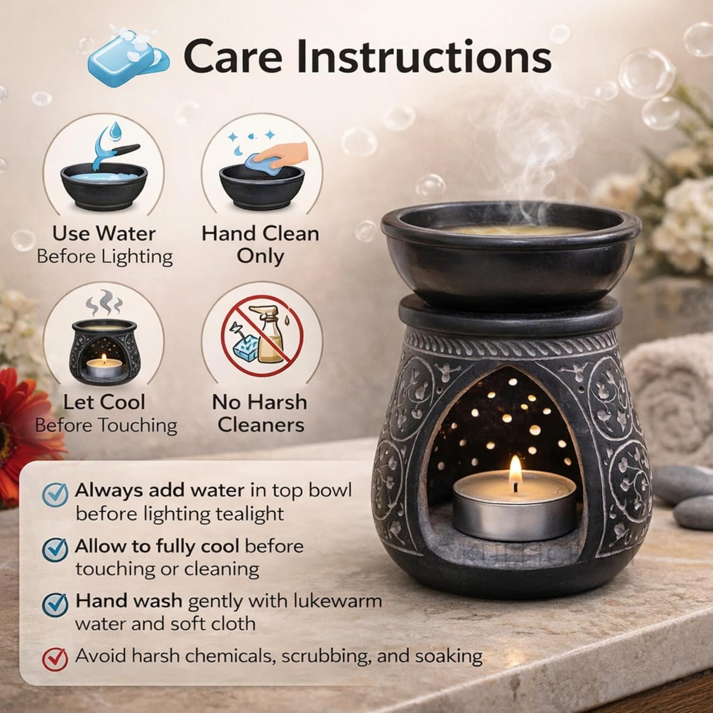 KC KULLICRAFT Handmade Black Soapstone Aroma Oil Burner