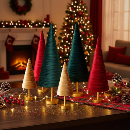 Hoolerry 6 Pcs Christmas Velvet Trees with Gold Pedestal Christmas Velvet Cones Tree Mantel Decor Modern Rustic Winter Home Minimalist for Holiday Entryway Table Wedding Centerpiece(Xmas)