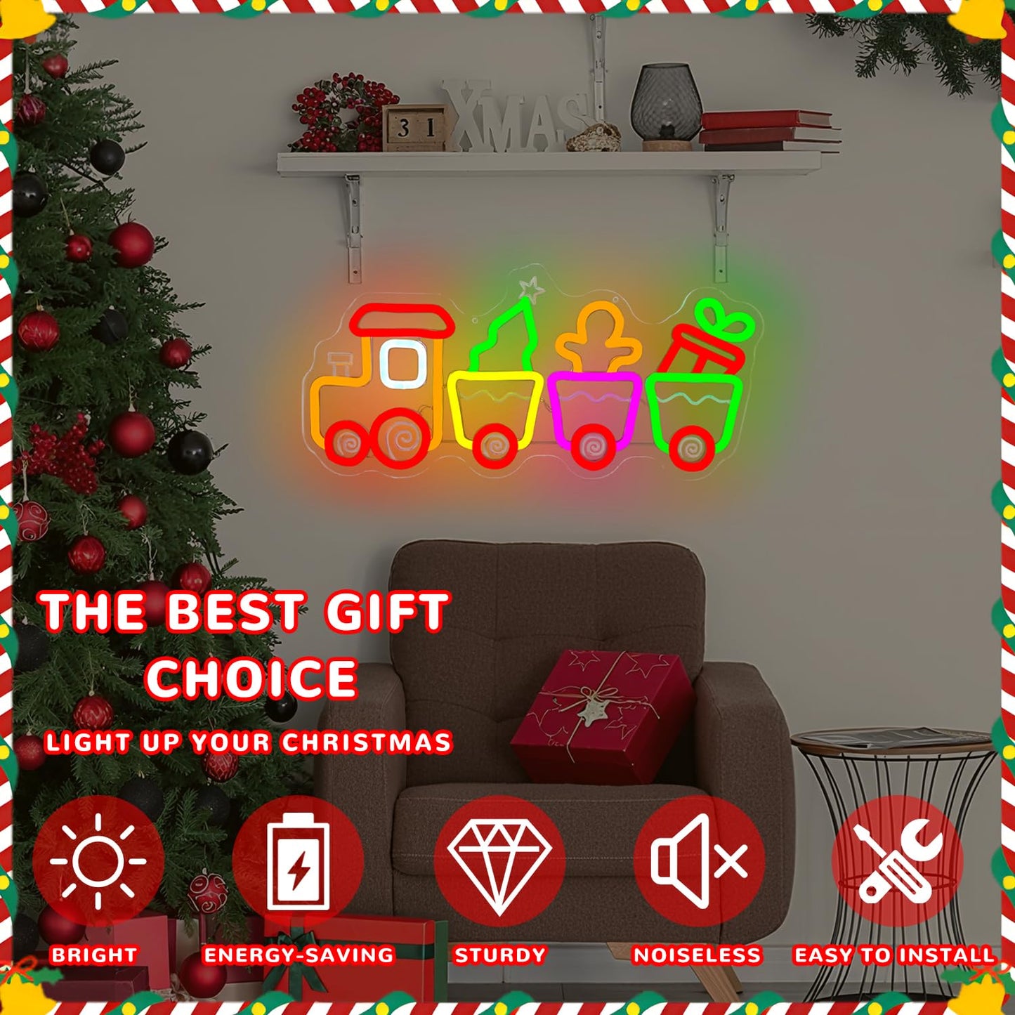 hhuohuona Christmas Train Neon Sign Gingerbread Train Led Sign Neon Christmas Lights Dimmable Light Up Sign Holiday Led Wall Decor for Home Cute Xmas Gift for Kids
