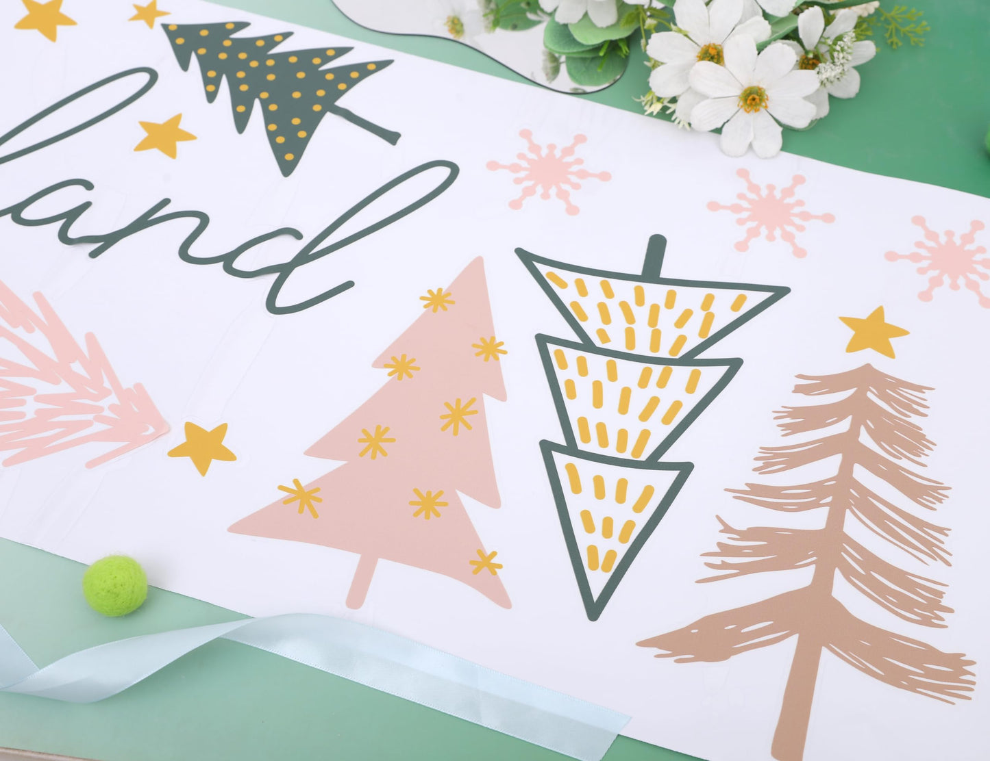 Our Little One's Winter ONEderland Decal - Winter 1st Birthday Party Decorations,Pink Green Christmas Trees Sign Stickers,Frozen Wonderland Party Wall Decals,First Snowflake Holiday Decoration