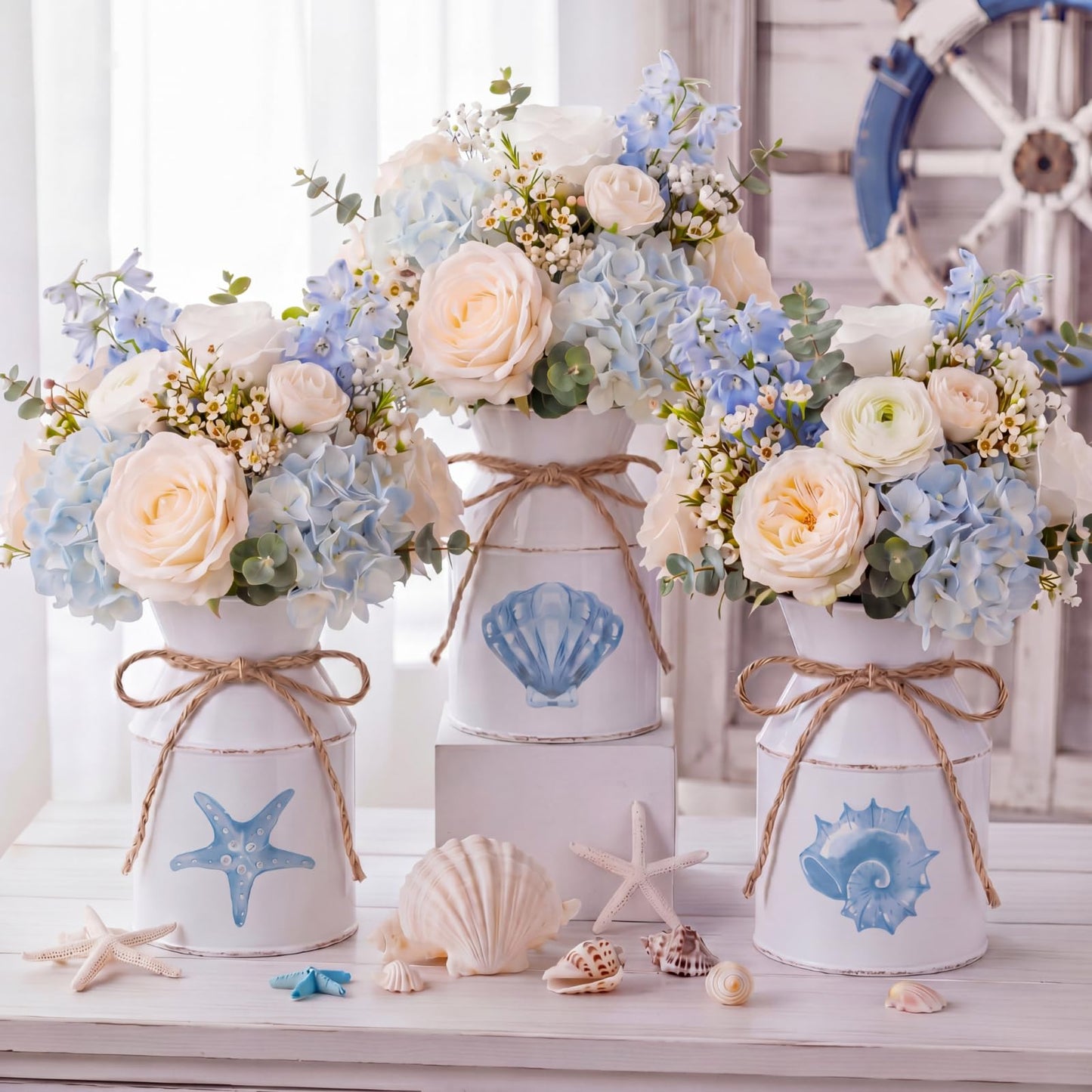 Domensi 3 Pcs 5.12" Beach Coastal Vase Table Decor Metal Seashell Starfish Conch Flower Bucket Farmhouse Ocean Centerpieces for Table Rustic Nautical Milk Can Jug with Twine Bow for Wedding Home Decor