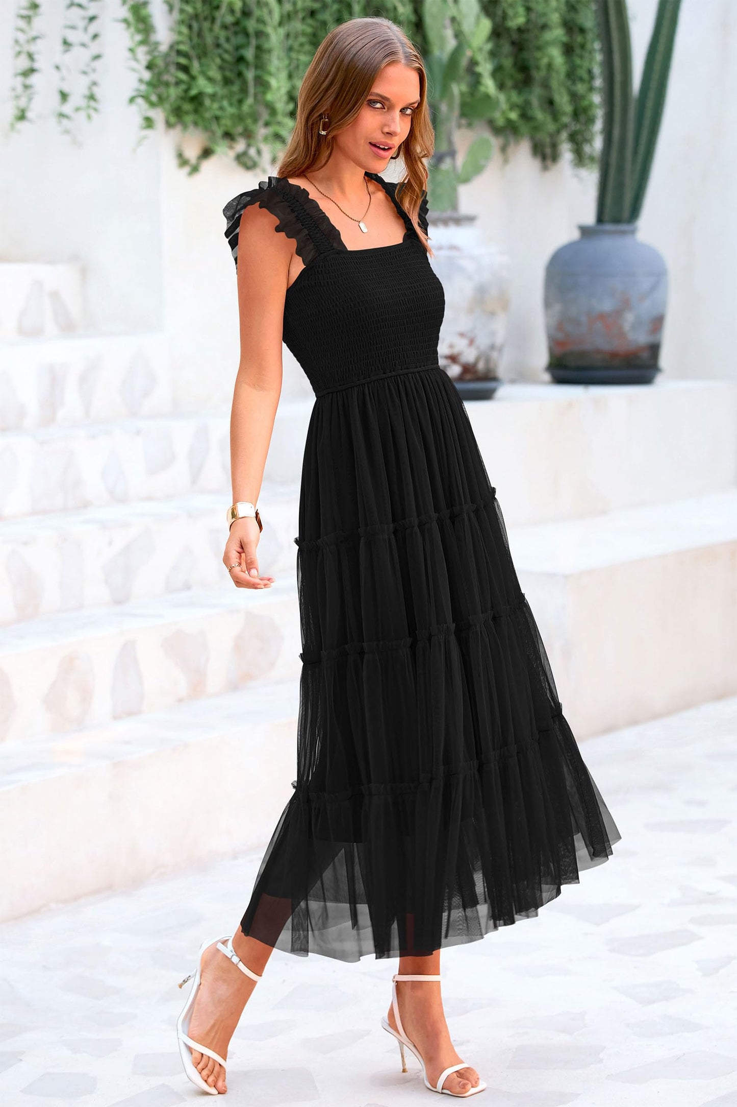 PRETTYGARDEN Women's Summer Tulle Midi Dress Sleeveless Smocked Ruffle Flowy Mesh Dresses Party Wedding Guest Sundress (Black,Large)