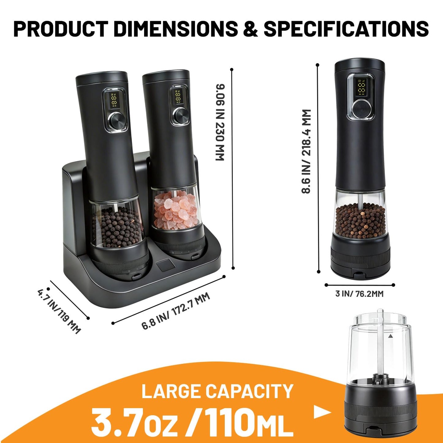 Sovtekr Electric Salt and Pepper Grinder Set, 5 External Coarseness Levels, Rechargeable with 2-in-1 Charging Base, LED Light, 110ml Large Capacity