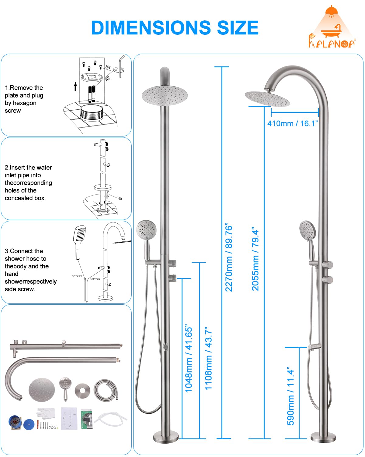 RALANDA Free Standing Outdoor Shower, 5-Function Shower Kit Nickel with 10''Rain Shower Head, Stainless Steel Outdoor Shower Fixture for Backyard Beach Poolside,Floor Mounted