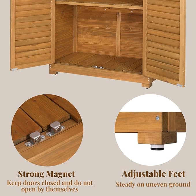 Outvita Outdoor Storage Cabinet, 63in Wooden Garden Tools Shed with 2 Lockable Doors, 3 Adjustable Shelves, Waterproof Roof for Yard Garge Patio Deck Porch, Natural