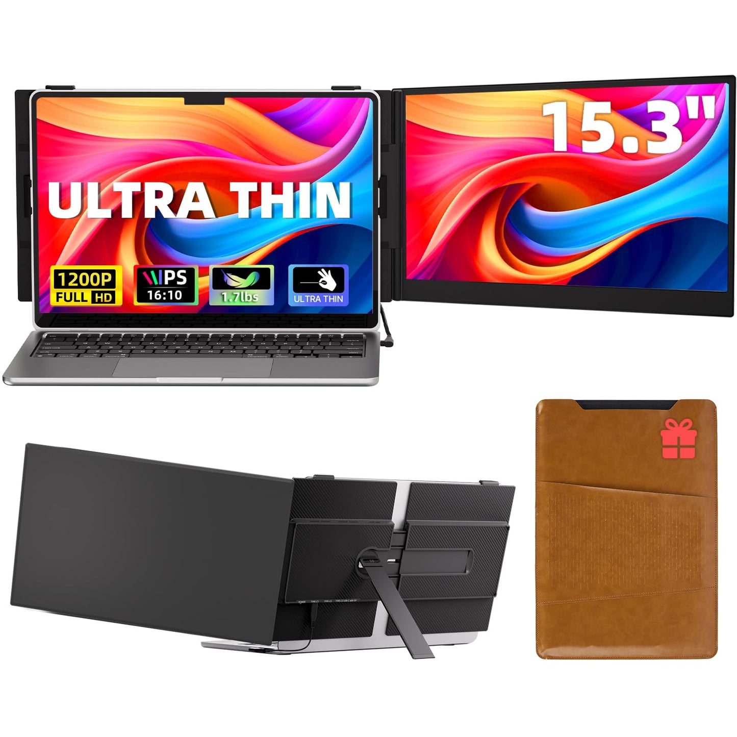 Laptop Screen Extender - Ultra-Thin 1.3lbs 14" FHD IPS Dual Portable Monitor Extension for Laptop, Attachment Plug & Play for 13-17" Laptops, Second Extra Travel Display for Windows/Mac/Android