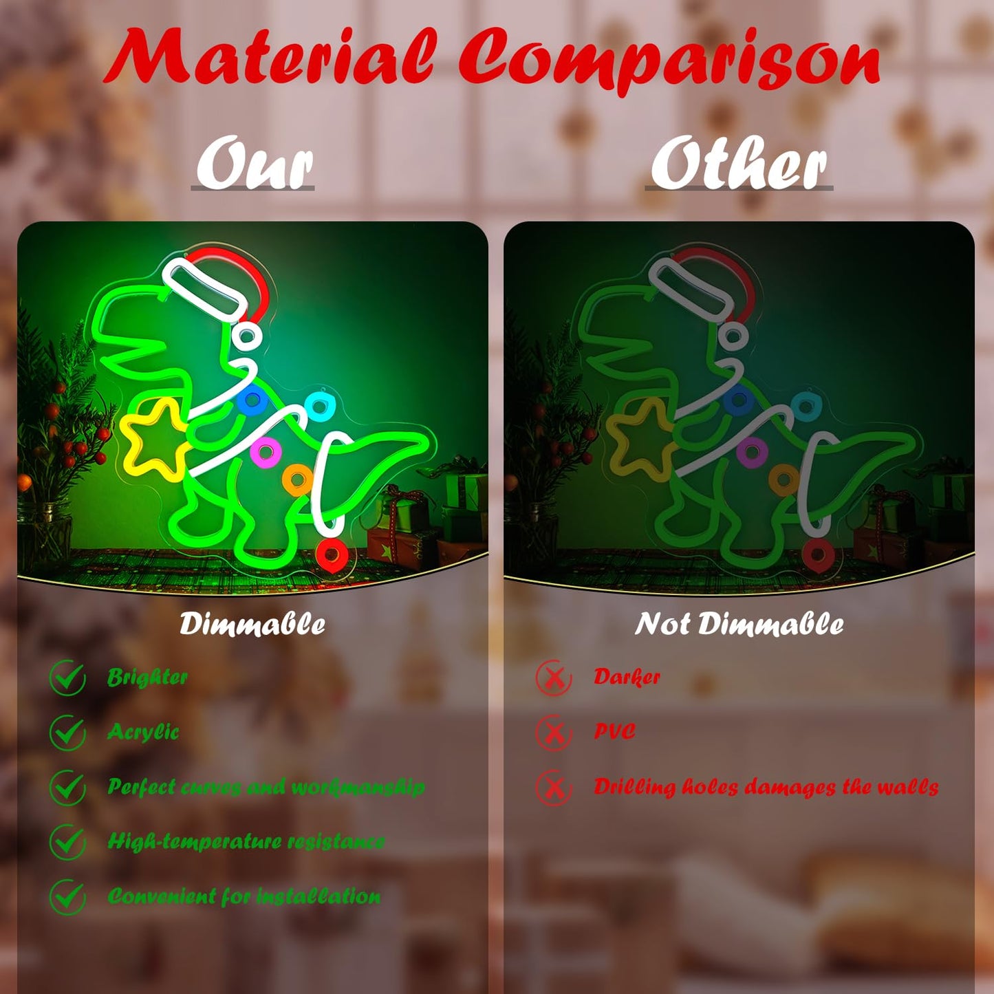 Jeanchrl Christmas Dinosaur Neon Sign Green Dinosaur Ornament LED Sign for Kids Bedroom Dimmable Dino Christmas Light Up Sign for Tree Windows Game Room Unique Neon Wall Art Decorations Gifts for Teens