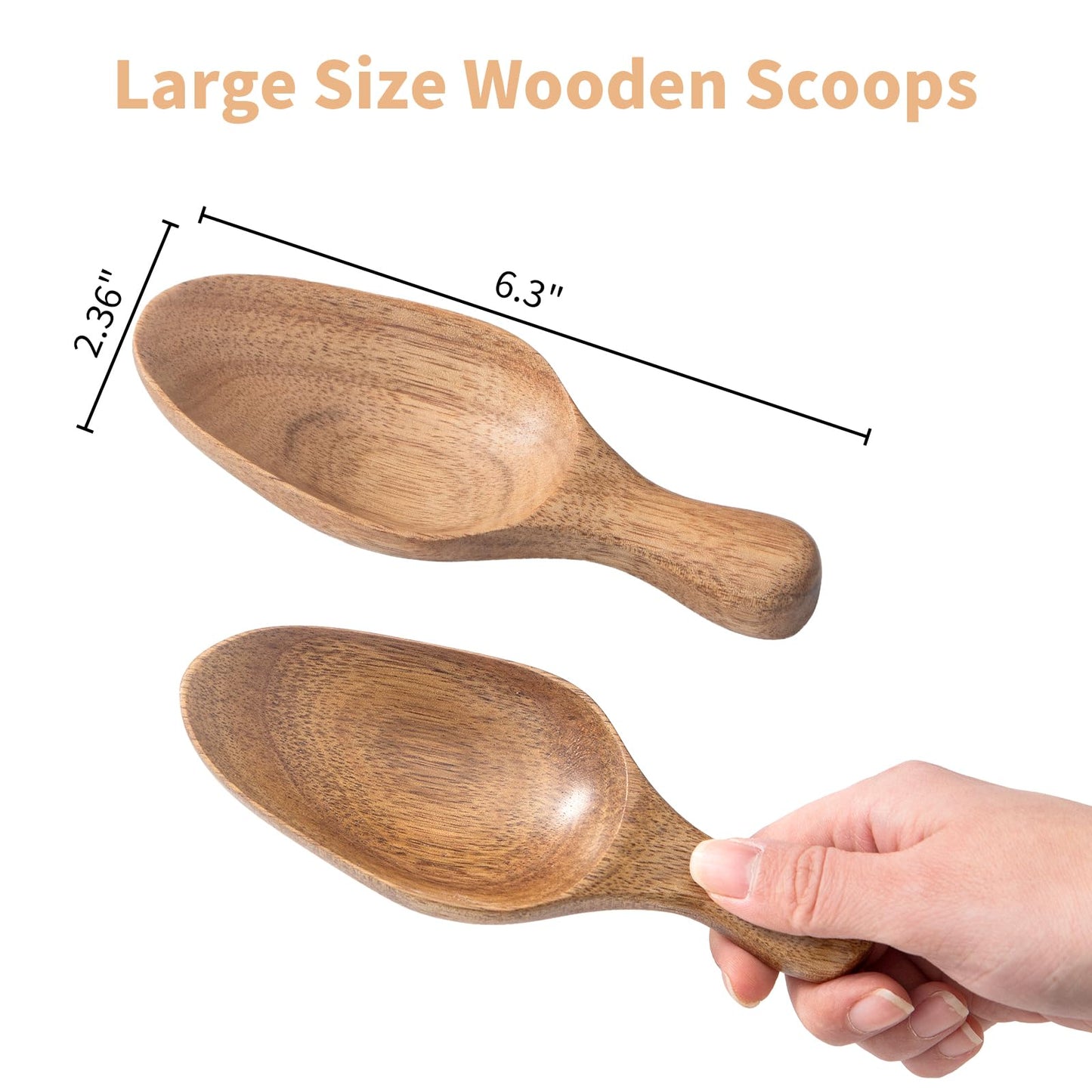 Big Wooden Scoop Shovel, Large Coffee Scoops for Ground coffee, 2PCS Acacia Wood Bean Salt Spoons, Wooden Scoops for Jars Canisters, Kitchen Scoops for Flour Laundry Scoop Multi-purpose