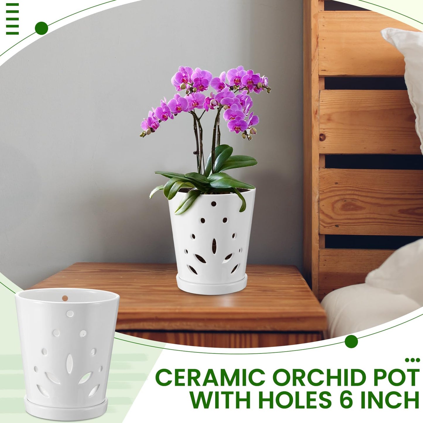 Suclain 2 Pack Orchid Pots with Holes Ceramic Orchid Planters with Drainage Holes and Tray for Root Health Repotting New Plants Air Circulation Indoor/Outdoor Flower Pots(6.5 Inch,White)