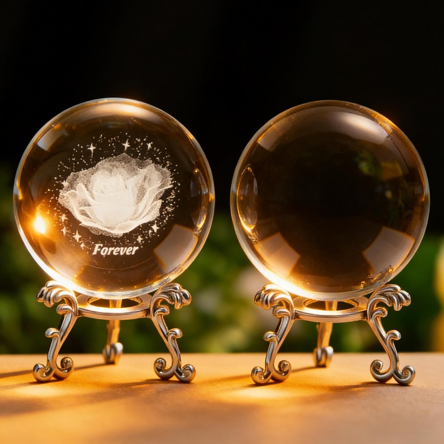 2Pcs Crystal Balls with Silver Stands - 3D Laser Engraved Rose & Clear Crystal Sphere Set, Decorative Paper Weights, Home & Party Decor, Photography Props,Birthday Gifts for Girls Women & Mom