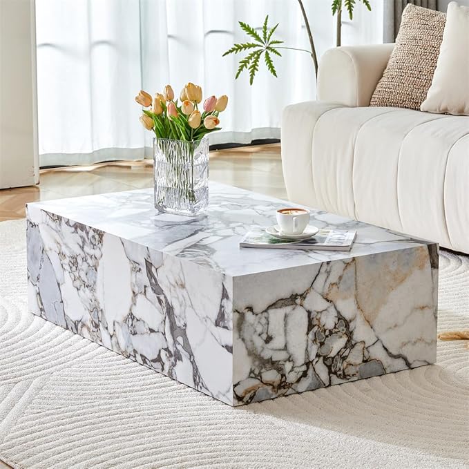Faux Marble White Coffee Table, Rectangle MDF Living Room Table, Center Table