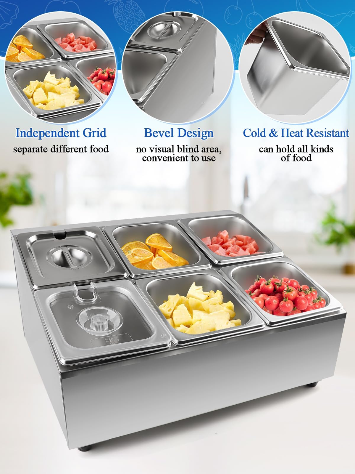 Lanstics 6 Pans Spice Rack Shelf 2 Row Stainless Steel Spice Organizer Stand with Lids Spoons Countertop Inclined Holder Buffet Containers Set for Sauce Jam Fruits Ingredient Kitchen Restaurant Pantry