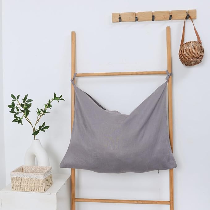 Hanging Linen Laundry Bag, 100% Pure Flax Linen Over The Door Hamper