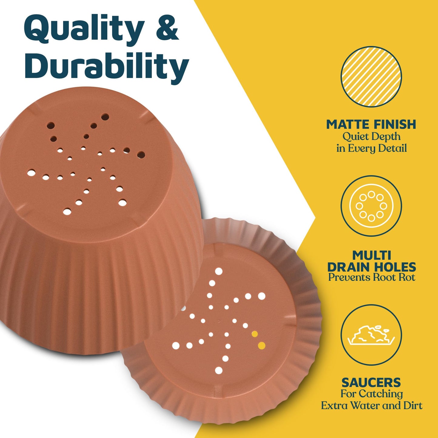 Terracotta 6-Inch Plant Pots with Drainage & Saucers 18 Pack, Indoor & Outdoor Planters for Houseplants, Herbs, and Flowers, Durable & Weatherproof Material, Stackable, Lightweight, Minimalist Design
