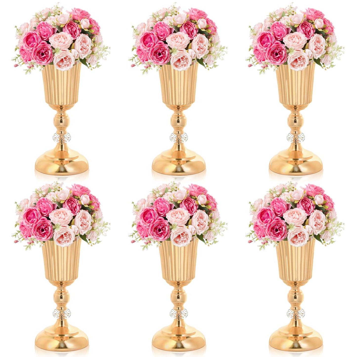 11.6 inches Metal Wedding Flower Trumpet Stripe Vases Table Centerpieces for Artificial Flower Arrangements for Anniversary Celebration/Wedding/Party/Birthday Event Aisle Home Decor (Gold, 6pcs)