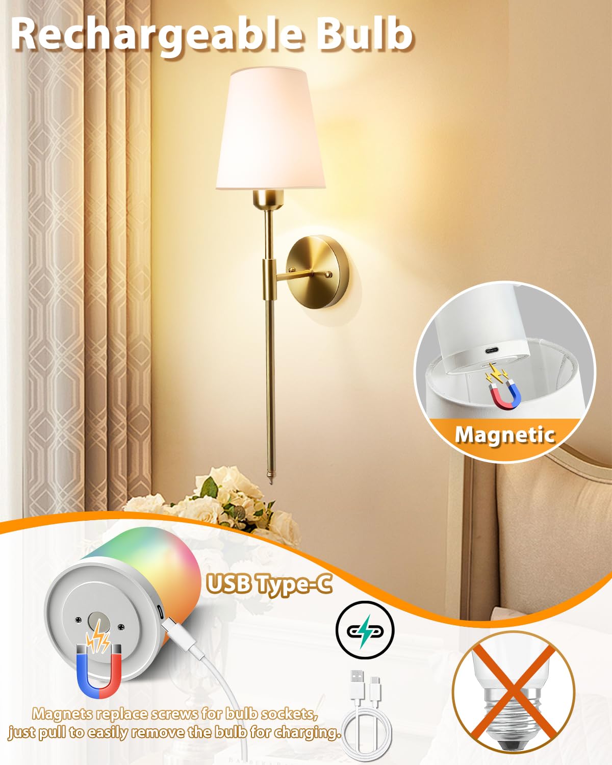 Adetu Wall Sconces Set of Two, Battery Operated Wall Sconce with 10000mAh RGB Dimmable Magnetic Bulbs and Remote, Rechargeable Wall Lights for Bedroom Living Room Hallway Decor