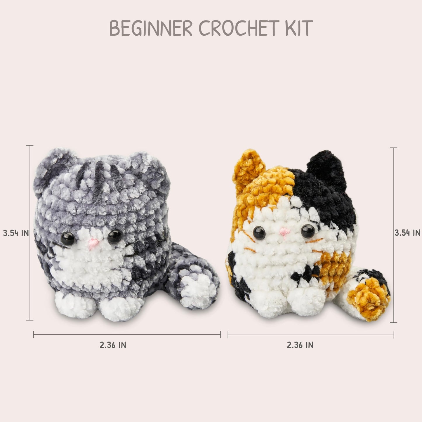 HOUSE CREATIVITY Chenille Crochet Kit for Beginners, Make 2 Ultra-Soft Cat Plushies, Amigurumi Crochet Starter Kit with Video Tutorial, Plush DIY Craft Kit with Chenille Yarn, Hook, Eyes & Stuffing